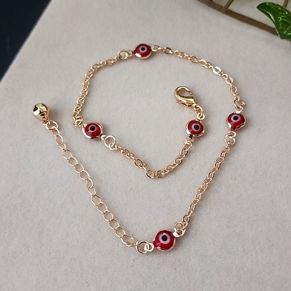 Gold Filled Chain Ankle Bracelet with Red Enamel Evil Eye - Picture 1 of 3